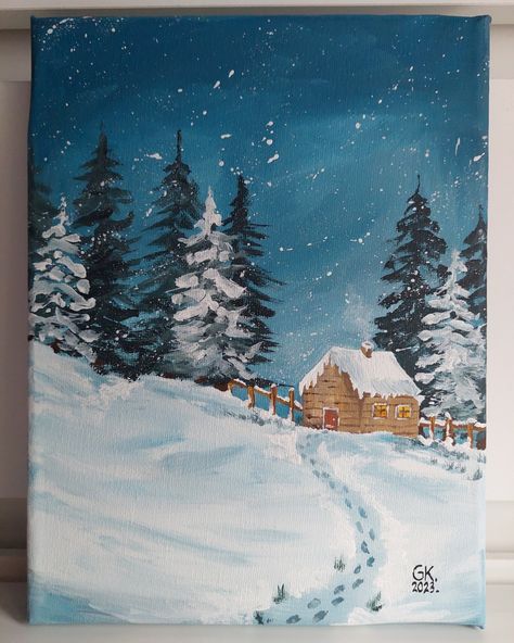 Winter painting Winter Sunrise Painting, Winter Scapes Painting, Cute Winter Paintings, Acrylic Painting Winter, Winter Acrylic Paintings, Winter Paintings, Winter Painting Ideas, Winter Scene Paintings, Christmas Canvas Art