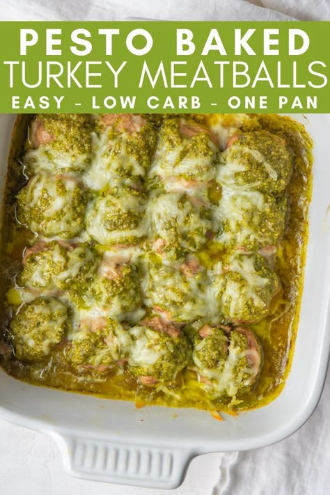 Oven Baked Turkey Meatballs, Pesto Turkey Meatballs, Turkey Pesto Meatballs, Pesto Meatballs, Baked Turkey Meatballs, Turkey Meatballs Recipe, Ground Turkey Recipes Healthy, Turkey Meatballs Baked, Turkey Meatball Recipe