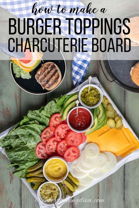 How To Make A Burger Toppings Charcuterie Board - Entertaining Diva Burger Bar Party, Burger Board, Hamburger Toppings, Cookout Dishes, Margaritaville Party, Bbq Party Food, Burger Party, Lemon Cheese, Jello Shot