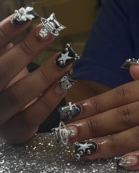 Birthday nails 🖤🔥 How fye are these 1-10?? #ducknails #nailart #nails #nailinspo #nailideas Nail Ideas Birthday Art Designs, Gray And Black Nail Designs, Grey Birthday Nails, Birthday Nails Sweet 16, Black Inspired Nails, 21 Nails Birthday, Cute Short Birthday Nails, Dope Nail Designs Black, Black Junk Nails