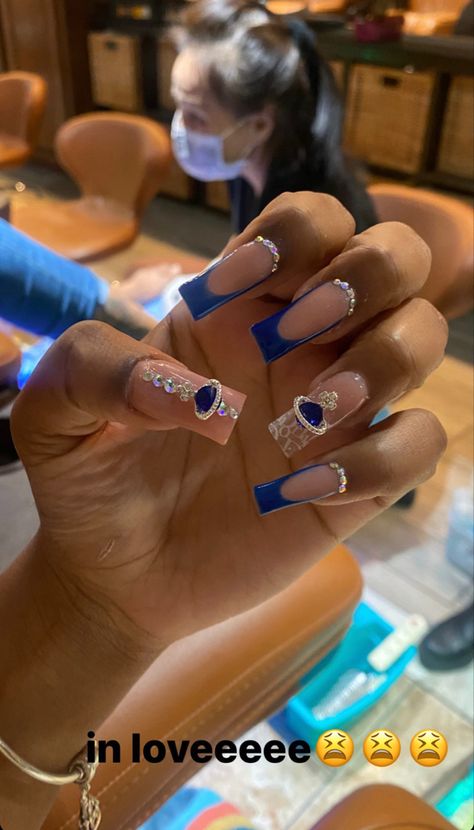 Royal Blue Nails With Gold, Royal Blue Birthday Nails, Blue Nail Designs Short, Royal Blue Nails Short, Royal Blue Nails Acrylic, Royal Blue And Silver Nails, Royal Blue Prom Nails, Homecoming Nails Blue, Hanukkah Nails