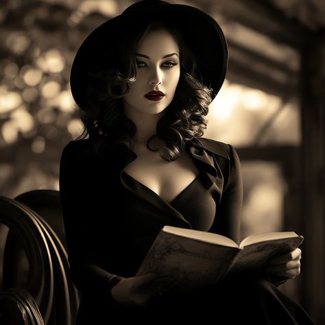 A dark haired woman sits in a chair reading a book, in the style of vintage contemporary aesthetics. Artwork available as prints and digital download. Hollywood Photoshoot, Dark Haired Woman, Sunless Sea, Noir Aesthetic, Hair Canvas, Drawing People Faces, Luxury Tents, Cute Simple Wallpapers, Fantasy Gowns