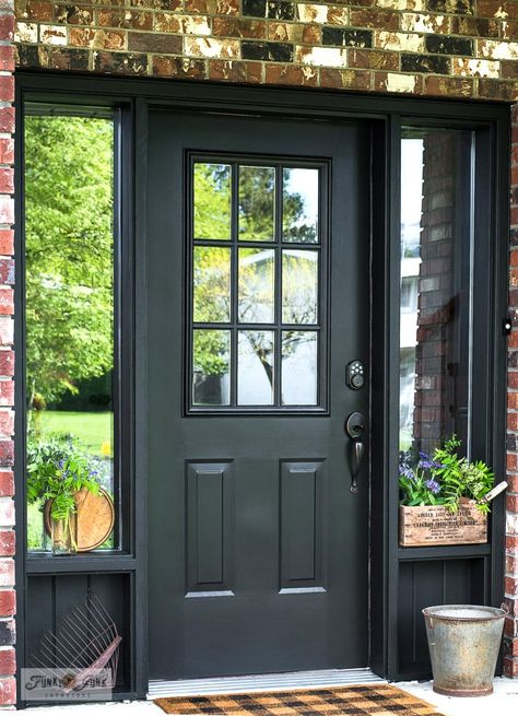 Front Door On Brown House, Painting Front Door Black, Foyer Remodel, Exterior Door Styles, Brown Front Doors, Black Exterior Doors, Black Front Door, Wood Walkway, Split Foyer