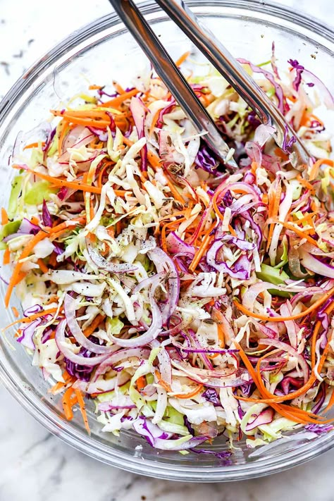 Sweet Vinegar Coleslaw (No Mayo) | foodiecrush .com Vinegar Coleslaw Dressing, Coleslaw With Vinegar Dressing, Classic Coleslaw Recipe, Healthy Coleslaw Recipes, Coleslaw Dressing Recipe, Vinegar Coleslaw, Potluck Salad, Healthy Coleslaw, Coleslaw Recipe Easy