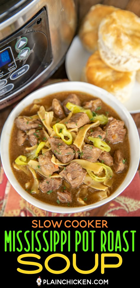 Mississippi Pot Roast Soup - seriously the BEST soup I've ever eaten! Chuck roast, beef broth, ranch dressing mix, Au Jus gravy mix, pepperoncini peppers, and egg noodles. Cooks all day in the crockpot - even the noodles. Serve with some crusty bread for an easy weeknight meal! Add this to your menu ASAP! #crockpot #slowcooker #steaksoup #potroast #soup Pot Roast Soup, Roast Soup, Slow Cooker Mississippi Pot Roast, Mississippi Pot, Slow Cooker Steak, Au Jus Gravy, Pepperoncini Peppers, Pepperocini Recipes, Leftovers Soup