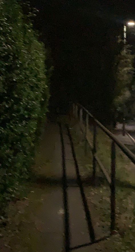 Picture of a path with bushes and a railing next to it. Path lead to nothingness with a steer lamp in the background Dark Ally Way, Creepy Alleyway, Dark Scary Background, Dark Neighborhood, Walking In The Dark, Outside Dark, Night Walking Aesthetic, Green Homescreen, Dark Alleyway