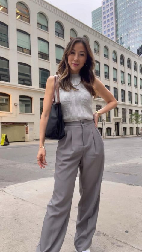 Aritzia Office Style, Business Casual Outfits For Women Grey Pants, Official Pants With Sneakers, Outfits With Grey Trousers Women, How To Wear Formal Pants For Women, Sneaker For Work Outfit, Grey Style Fashion Outfit, Aritzia Pants Trousers, Tops To Wear With Trousers