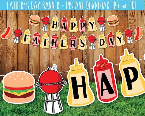 Happy Birthday Bbq, Fathers Day Bbq, Fathers Day Party, Day Party Decor, Fathers Day Banner, Bbq Signs, Birthday Bbq, Treat Toppers, Teacher Thank You Cards