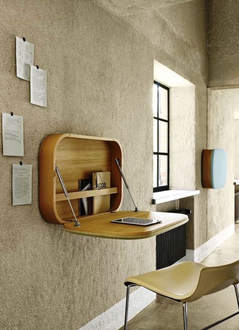 a chic wooden Murphy desk with curved angles and some storage for notebooks inside is a stylish option Murphy Desk, Wall Mounted Desk, Office Furniture Design, Furniture Placement, Wall Desk, Wall Table, Ligne Roset, Design Del Prodotto, Space Saving Furniture