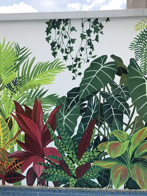 Tropical Plants Wall Painting, Foliage Mural Wall, Plant Murals On Wall, Painting Plants On Walls, House Plants Painting, Jungle Wall Mural Diy, Mural Garden Wall, Monstera Mural Painting, Botanical Mural Painting