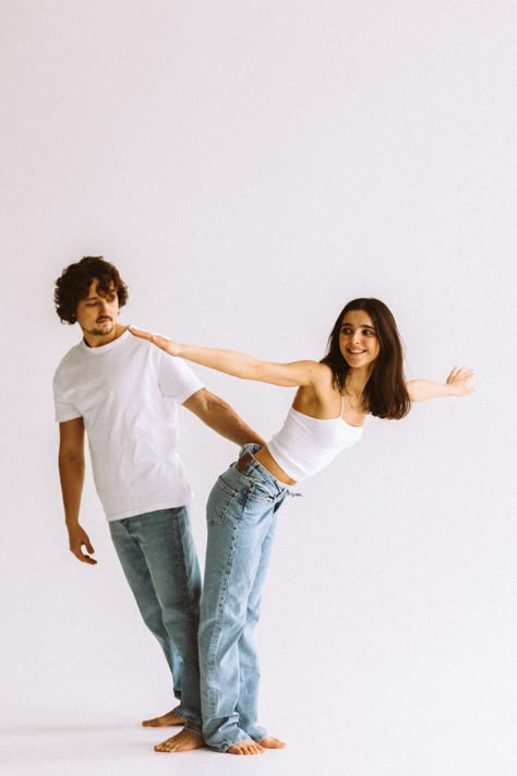 Couple Fashion Poses, White Shirt Blue Jeans Couple Photoshoot, Denim Couple Photoshoot, Couple Model Photoshoot, Couple Poses Studio, Couple Photoshoot Studio, Studio Engagement Photos, Fashion Editorial Couple, Editorial Couple