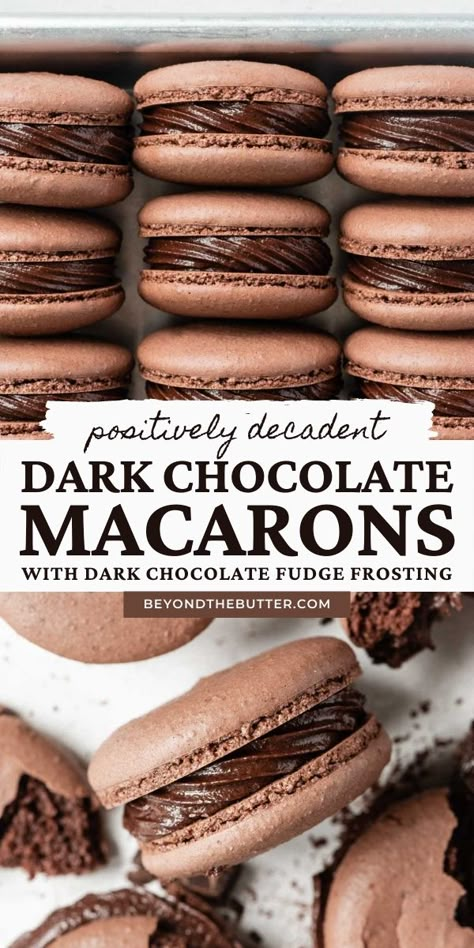 These Dark Chocolate Macarons have a light crisp, outer layer with a chewy, chocolatey center that are filled with a rich, dark chocolate fudge frosting. They're bite-size, decadent treats that are easier to make than you might think! Recipe on BeyondtheButter.com, includes helpful tips and tricks. #chocolatemacarons #macarons #swissmethod #frenchmacarons Chocolate Macaroons Recipe, Homemade Hot Chocolate Recipe, French Macaroon Recipes, Brownie Vegan, Chocolate Macarons, Macaron Filling, Chocolate Macaroons, Dark Chocolate Fudge, Chocolate Fudge Frosting