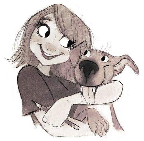 Meg Park: One of the coolest art ladies I know, miss @bauerpower for #Sketch_Dailies Person With Dog Drawing Reference, Dog And Human Drawing, Dog And Owner Drawing, Woman Holding Dog Drawing, Dog With Owner Drawing, Girl With Dog Drawing, Disney Style Dog Drawing, Cartoon Dog Drawing, Human Drawing