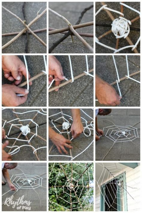 Spider Web DIY Halloween Decoration - An easy stick nature craft for your front yard or porch. The whole family can weave and decorate this giant web rustic decor together! | #RhythmsOfPlay #HalloweenDecor #HalloweenDecoration #DIYHalloweenDecor #DIYHalloweenDecoration #GiantSpiderWeb #DIYHalloween Homemade Halloween Decorations Outdoor, Diy Halloween Spider Web, Spider Web Diy, Giant Spider Web, Front Yard Halloween Decorations, Halloween Decorations Outdoor Porch, Spider Web Halloween Decorations, Diy Halloween Dekoration, Porch Halloween