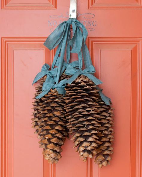 DIY Pine Cone Door Decor Pine Cone Christmas Ornaments, Pinecones Crafts, Giant Pine Cones, Diy Braces, Sugar Pine Cones, Pine Cone Ideas, Cone Ideas, Large Pine Cones, Pinecone Crafts Kids