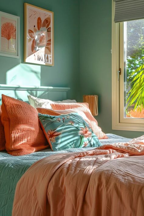 Mint And Peach Bedroom, Pastel Room Paint Ideas, Aqua Boho Bedroom, Peach And Teal Bedroom, Teal Girls Bedroom, Teal Bedroom Designs, Peach Bedroom, Teal Bedroom Ideas, Mint Bedroom