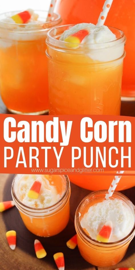 Candy Corn Party Ideas, Kids Fall Drinks, Fall Sweet Sixteen Party Ideas, Thanksgiving Punch For Kids, Corn Cocktail, Cute Halloween Drinks For Kids, Candy Corn Party, Candy Corn Punch, Candy Corn Ideas