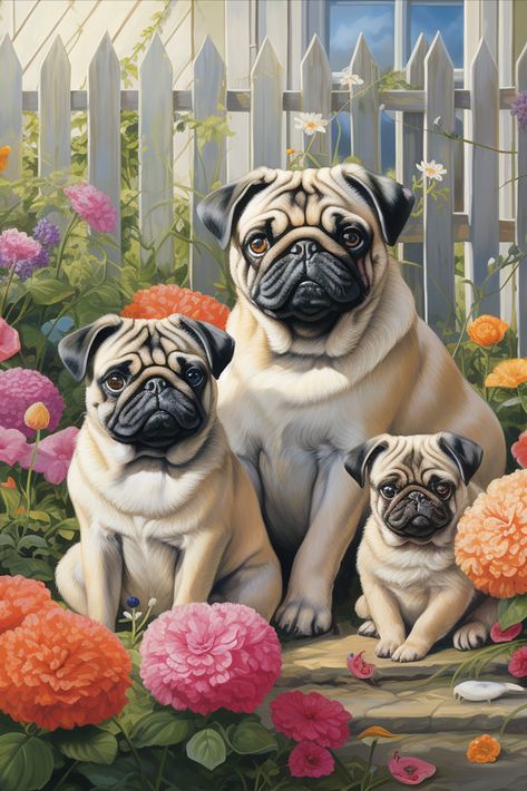 Triple the pug love, triple the charm! 🐶🌼🐶🌼🐶 A heartwarming family of three pugs, nestled amidst a sea of beautiful flowers. This delightful scene captures the essence of love, togetherness, and nature's beauty. Whether you're a pug enthusiast, a nature lover, or someone who values the bond of family, this pin is the perfect way to brighten your day. Explore more heartwarming moments on our Pinterest board! 💕🌸 #PugLove #FamilyOfPugs #NatureBeauty #BlossomingBonds Pug Clipart, Pug Illustration Cute, Pug Puppies For Sale, Pug Dog Illustration, Puppies Near Me, Pug Artwork, Pug Illustration, Pug Clothes, Black Pug Puppies