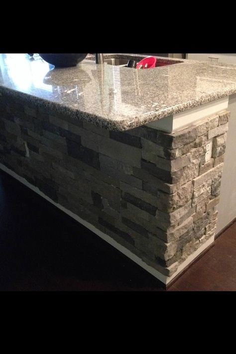 Stone On Island Kitchen, Faux Stone Kitchen Island, Kitchen Island With Rock Stones, Kitchen Island With Stone Accent, Stacked Stone Kitchen Island, Kitchen Island Stone Ideas, Kitchen Island Accent Wall Ideas, Rock Kitchen Island, Kitchen Island Tile Back Panel Ideas