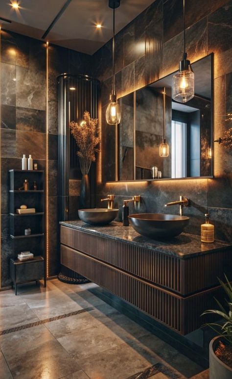 Dark Modern Bathroom, Luxe Bathroom, Bathroom Design Black, Dark Bathrooms, Bathroom Design Layout, Bathroom Inspiration Modern, Bathroom Decor Luxury, Bathroom Design Inspiration, Bathroom Design Decor