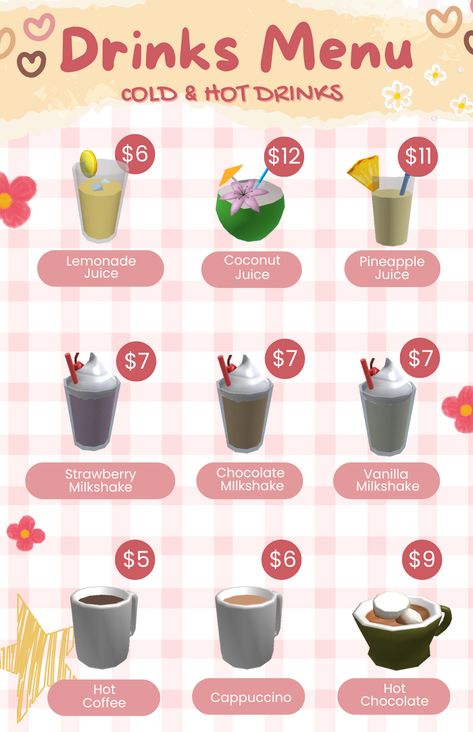 Drink Menu Bloxburg, Cafe Sign For Bloxburg, Cafe Ideas For Bloxburg, Bloxburg Drink Menu Codes, Restaurant Design Bloxburg, Bloxburg Food Menu Decals, Smoothie Shop Bloxburg, Bakery Interior Bloxburg, Bloxburg Menu Decals Cafe