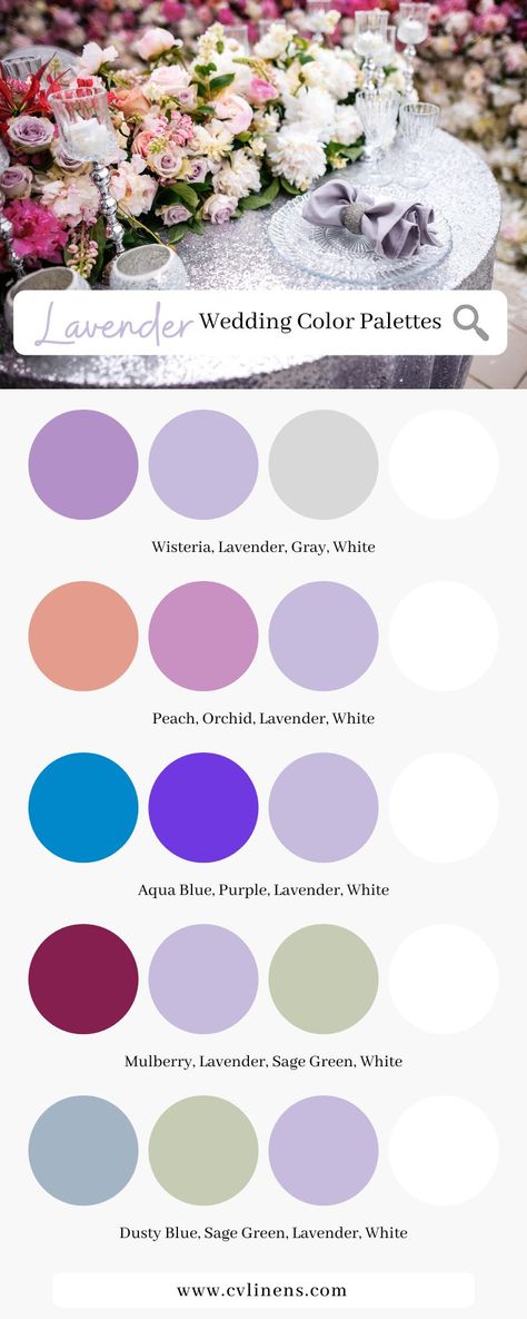 Lavender Color Combo, Winter Wedding Lavender, Lilac Color Palette Wedding, Lavender Reception Decorations, Lilac Wedding Color Schemes, Lavender Wedding Theme Color Schemes, Lavender Color Palette Wedding, Lavender Wedding Color Palette, Wedding Pallet Ideas Colour Schemes Spring