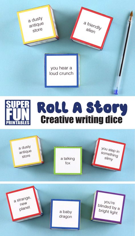 Roll a story creative writing dice for kids. Print out the dice and use them as a creative writing prompt to come up with a scene, characters and a sense to include in narrative writing. You can also use roll a story dice to play a fun creative writing game! #printables #creativewriting #narrativewriting #kidsactivities #rollastory #3dcubeprintable #thecrafttrain #superfunprintables Creative Writing Workshop Ideas, Fun Narrative Writing Activities, Creative Writing For Preschoolers, Roll A Story For Kids, Story Writing Activities, Creative Narrative Writing, Writing Kids Activities, Writing Activities Elementary, Creative Writing Games Middle School