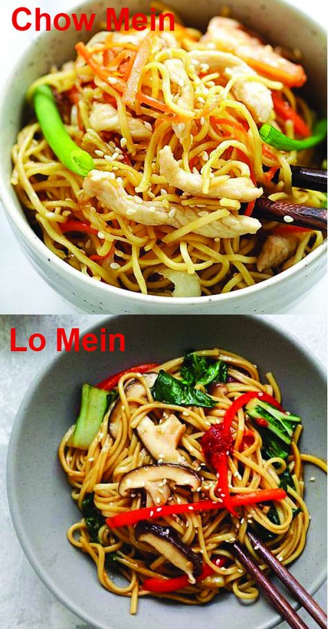 Chow Mein vs Lo Mein (Learn the Differences!) - Rasa Malaysia Lo Mien, Chinese Chow Mein, Asian Stir Fry Recipe, Lo Mein Noodles, Chow Mein Recipe, Lo Mein Recipes, Asian Stir Fry, Wok Cooking, Chinese Vegetables