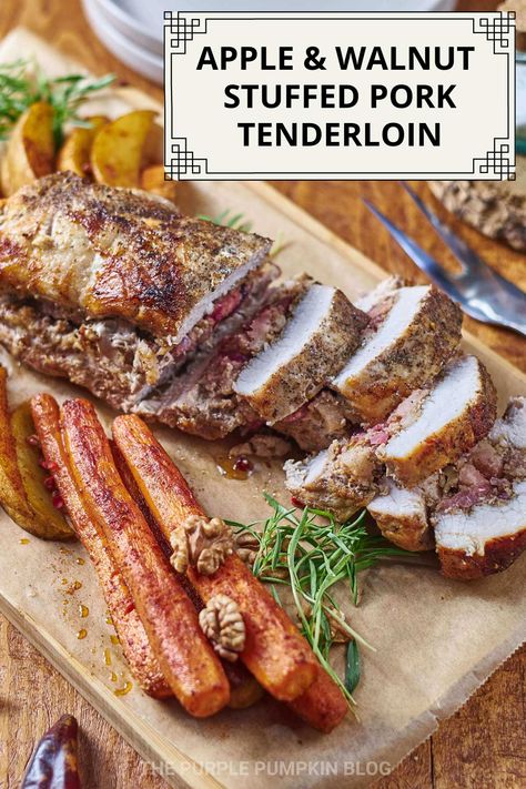 This apple and walnut stuffed pork tenderloin recipe is the perfect combination of savory and sweet. By butterflying and stuffing the pork with a flavorful mixture of apples, walnuts, fresh thyme, and breadcrumbs, this recipe transforms a simple pork tenderloin into a showstopping dish. Ideal for special dinners or family meals, this stuffed pork tenderloin delivers on flavor and presentation. Pair it with roasted vegetables or mashed potatoes. Visit The Purple Pumpkin Blog for the recipe. Pork Tenderloin And Apples, Apple Stuffed Pork Tenderloin, September Dinner, Pork Tenderloin With Apples, Stuffed Pork Loin, Pork Kabobs, Apple Pork Tenderloin, Slow Cooker Recipes Pork, Savory Recipe