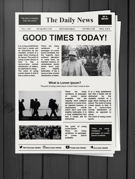 Looking for a suitable newspaper template of an original design? Pay attention to this free newspaper template for google docs.  Free for commercial and individual usage. The design of the template is made in a strict, formal style. As for the colors, only white and black are present here, which immediately warns of the seriousness of the publication. Remember that you can edit the template using Google Documents. Free Google Templates, Church Brochures, Medical Brochure, Free Calendar Template, Business Cards Photography, Medical Business, Docs Templates, Newspaper Template, Newspaper Headlines