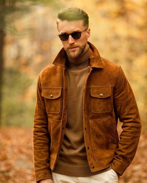 Brown Denim Jacket Outfit Men, Mens Brown Jacket, Brown Suede Leather Jacket, Suede Biker Jacket, Suede Biker, Suede Leather Jacket, Men Suede, Button Down, Leather Shirt