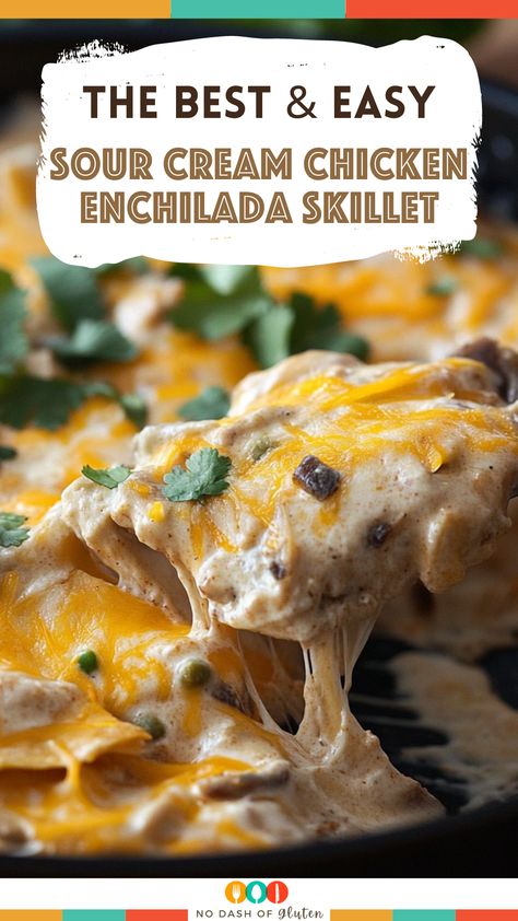 Sour Cream Chicken Enchilada Skillet Recipe Enchilada Skillet Recipe, Enchilada Skillet, Chicken Enchilada Skillet, Cream Chicken, Sour Cream Chicken, Sour Cream Sauce, Chicken Enchilada, Dairy Free Dessert, Yummy Chicken Recipes