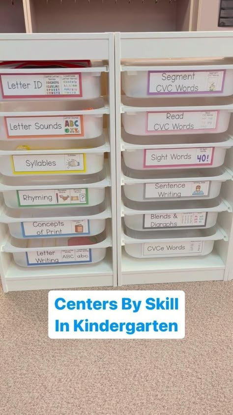 Ashley | Kindergarten Teacher | Doing centers by skill, rather than themes, makes differentiating so much easier! I have the same centers ALL YEAR LONG and each student… | Instagram Kindergarten Reading Centers Setup, Kindergarten Centres Ideas, Teacher Center Organization, Kindergarten Classroom Essentials, Classroom Centers Organization, Kindergarten Desk Organization, Kindergarten Essentials, Station Organization Classroom, Teacher Area Organization