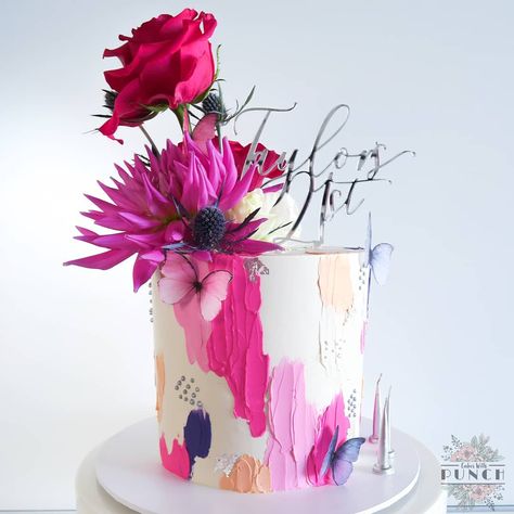 Bright Buttercream Cake, Bright Pink Cake, Bright Birthday Cakes, Buttercream Painting, Petite Cakes, Hot Pink Cakes, Navy Cakes, Bright Cakes, Cake Mom