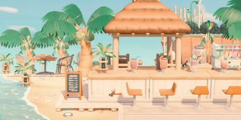 Animal Crossing Island Inspo Beach, Beach Inspo Animal Crossing, Animal Crossing Beach Deck, Animal Island Ideas, Acnh Beach Party Ideas, Animal Crossing Beach Bar Ideas, Beach City Animal Crossing, Acnh Beach Resort Ideas, Acnh Island Beach Ideas