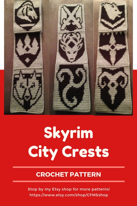 Skyrim Inspired 9 City Crests Grid Crochet Pattern PDF $10 Skyrim Crafts, Doctor Who Crochet, Crochet Circle Vest, Grid Crochet, Graph Design, Tapestry Crochet Patterns, Crochet Circles, Fantasy City, Crochet Cross