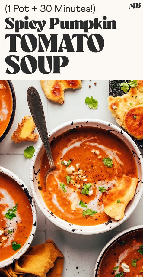 Spicy, gingery pumpkin soup with coconut milk, tomatoes, and warming, Caribbean-inspired spices. Simple, vegan, and ready in 1 pot in 30 minutes! Pumpkin Soup With Coconut Milk, Spicy Tomato Soup, Spicy Pumpkin Soup, Soup With Coconut Milk, Vegan Pumpkin Soup, Vegan Tomato Soup, Soup Lovers, Coconut Milk Soup, Nourishing Meals