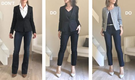 How to lok slimmer when wearing a blazer: DON’Ts Low Cut Blouses, Slim Blazer, Simple Scarf, Over 60 Fashion, Shirt Cuff, Checked Blazer, 60 Fashion, Formal Look, Classic Blazer