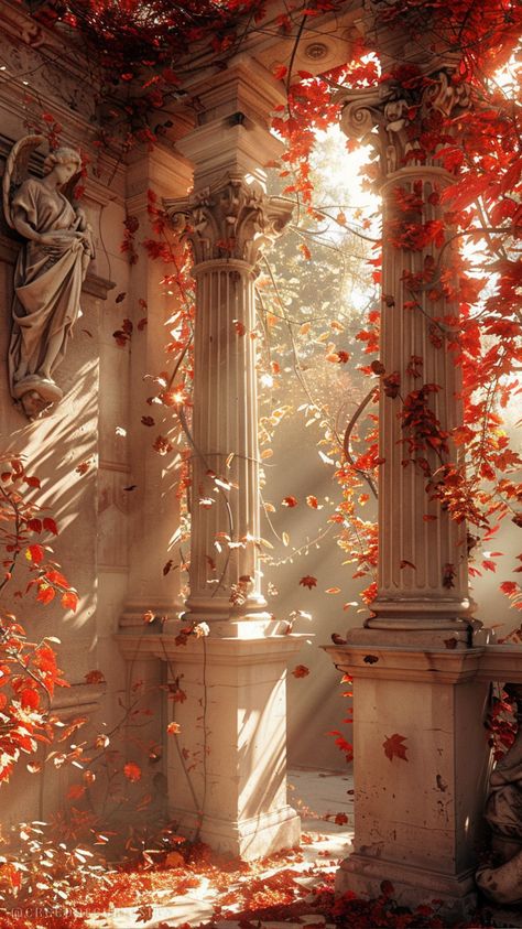 Classical architecture with autumn leaves, romantic autumn scene, warm golden light, autumn photography, cozy autumn vibes, fall leaves and columns, vintage architecture in fall, European fall scenery, magical autumn vibes, fall leaves and sunlight, picturesque fall aesthetic, autumn light through leaves, warm fall colors, moody autumn afternoon, timeless autumn beauty, peaceful autumn moment, fall travel inspiration, enchanting fall scene, serene autumn photography. Autumn Love Aesthetic, Moody Fall Aesthetic, Cute Backgrounds For Phones, Vintage Architecture, Autumn Lights, Autumn Scenes, Autumn Scenery, Fantasy Castle, Autumn Beauty