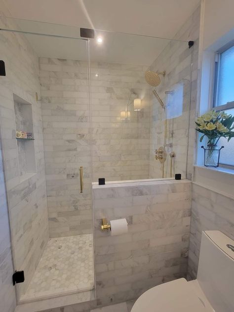 Marble Tiled Bathrooms Ideas, Walk N Shower Ideas, Walk In Showers With Glass Doors, 48 X 34 Shower Ideas, Spa Like Walk In Shower Ideas, Walk In Shower Next To Toilet, Extended Shower Master Bath, Open Concept Shower Design, Large Walk In Shower Ideas