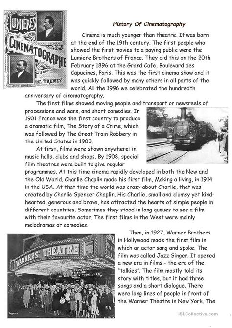 History Of Cinema, English Articles For Reading, Learn To Read English, Reading Comprehension Texts, Cinema History, Esl Reading, English Stories For Kids, English Short Stories, History Worksheets