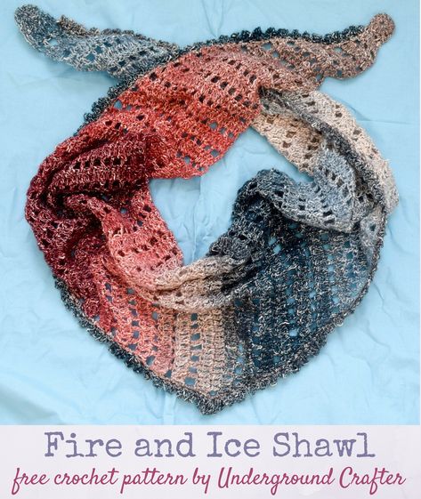 Free #crochet pattern: Fire and Ice Shawl in Lion Brand Shawl in a Ball Metallic #yarn by Underground Crafter | This simple, triangular shawl shines in a self-striping, metallic yarn. #lionbrandyarn Shawl In A Ball, Poncho Patterns, Slip Stitch Crochet, Knit Shawls, شال كروشيه, Crochet Bolero, Crochet Shawls And Wraps, All Free Crochet, Crochet Shawls