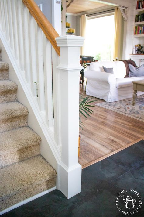 Staircase Post Makeover, Covering Newel Posts, Farmhouse Newel Posts For Stairs, Updated Banister Newel Posts, Stairs Post Ideas, Replace Newell Post, Diy Stair Post Makeover, Farmhouse Newel Post, Replacing Newel Posts