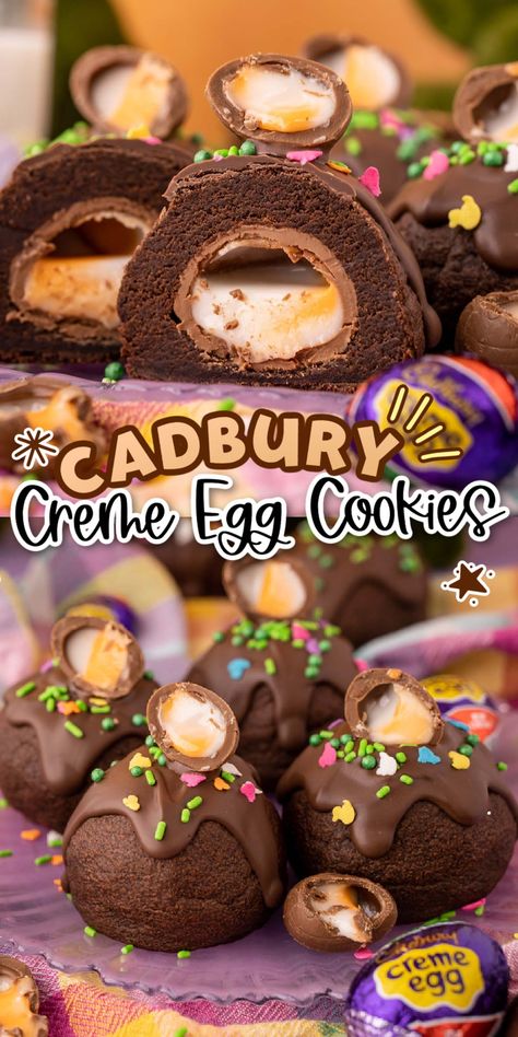 These Chocolate Easter Cookies are stuffed with a Cadbury Creme Egg for a sweet and gooey center that's decadent and delicious! Cadbury Cookies, Tater Tot Breakfast Casserole, Egg Cookies, Cadbury Creme Egg, Stuffed Cookies, Tater Tot Breakfast, Chocolate Melting Wafers, Chocolate Creme, Cookies Sugar