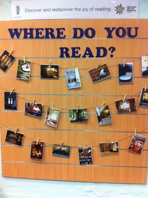 Library display, Where Do You Read? (Picture only) Stepford Wives, Reading Display, School Library Displays, Teen Library, Middle School Libraries, Library Book Displays, High School Library, Library Bulletin Boards, Library Display