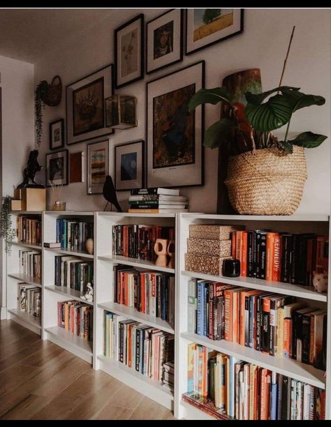 Gallery Wall Bookcase, 2 Bookshelves In Living Room, Books In Apartment, Low White Bookcase, Bookshelf Gallery Wall, Desk In Front Of Bookshelves, Billy Bookshelf Wall, Rent Friendly Bookshelves, Book Case Ideas Living Room Apartment