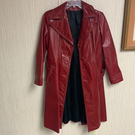 Vintage Leather Coat Dark Red Long Red Leather Jacket, Long Red Leather Jacket Outfit, Dark Red Coat Outfit, Dark Red Leather Jacket, Dark Red Jacket, Red Leather Trench Coat, Sabrina Spellman Outfit, Red Leather Jacket Outfit, Red Coat Outfit