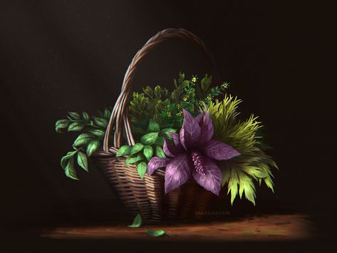 A Basket With Herbs, Anna Kosik on ArtStation at https://www.artstation.com/artwork/k4Y66A Fantasy Herbs, Card Game Illustration, Herbs Illustration, Fantasy Items, Magical Herbs, Game Illustration, Botanical Art, Fantasy World, Card Game