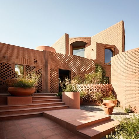 Iranian Brick Architecture, Iranian Home, Modern Adobe House, Iranian House, Turkish Architecture, Iranian Architecture, Facade Architecture Design, House Fashion, Architectural Design House Plans