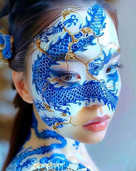 Porcelain Mask Fantasy Art, Halloween Dragon, Fantasy Queen, Kintsugi Art, Avatar Films, Wood Block Printing, Sketches Tutorial, Japanese Woodblock Printing, Facepaint